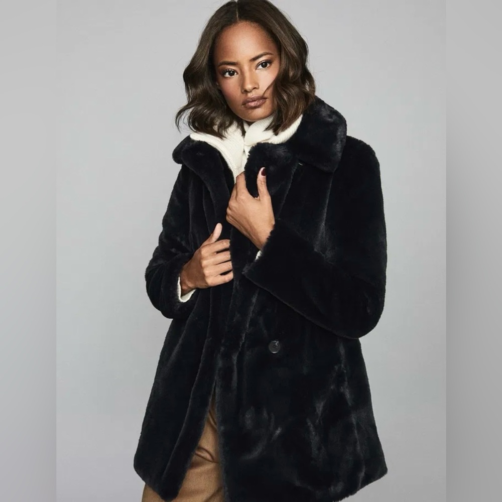 REISS Lexington Women’s Faux Fur Coat Navy Blue Size Large Double Breasted